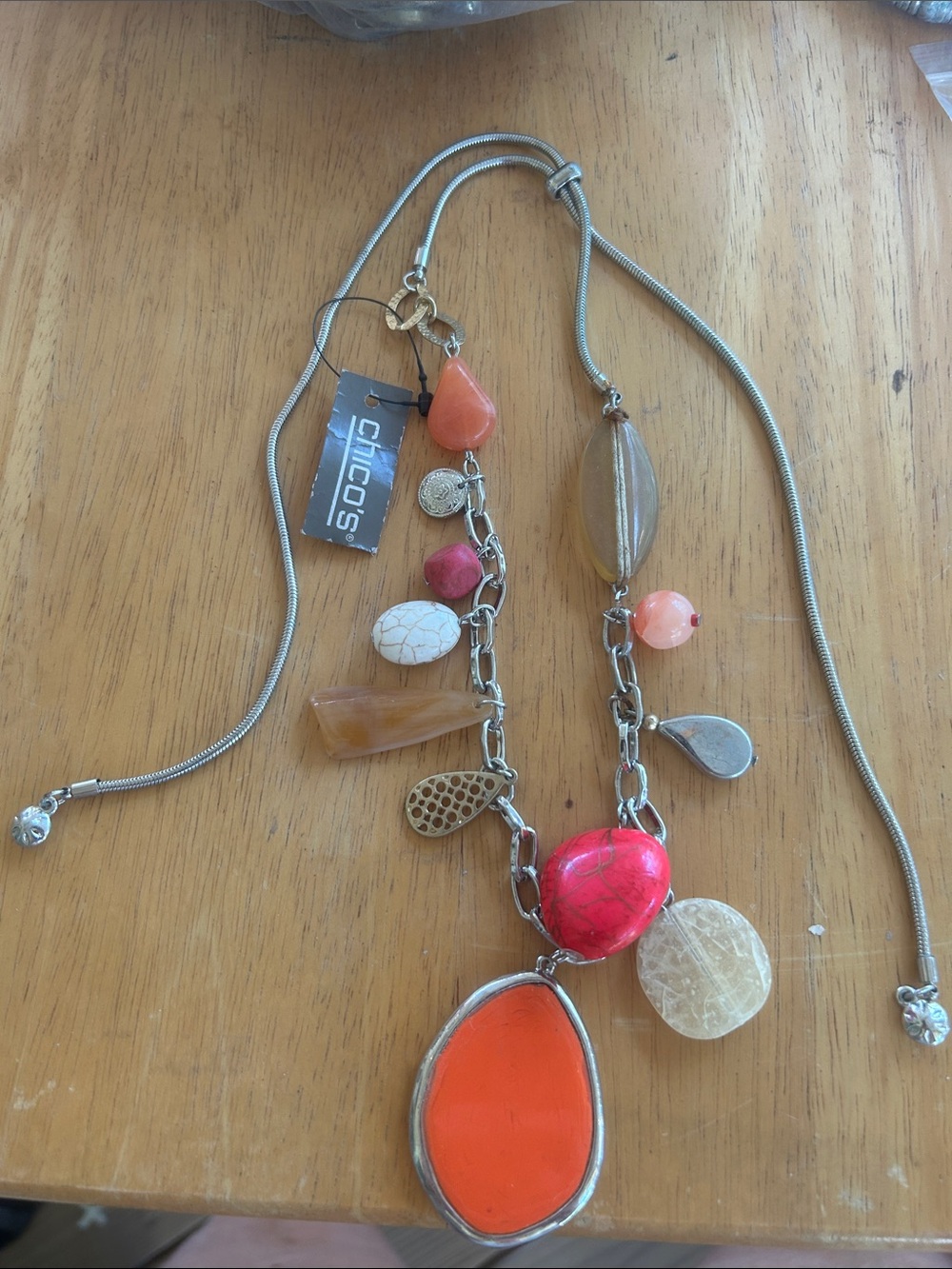 Chico's Orange and Pink Mixed-Bead Pendant Necklace